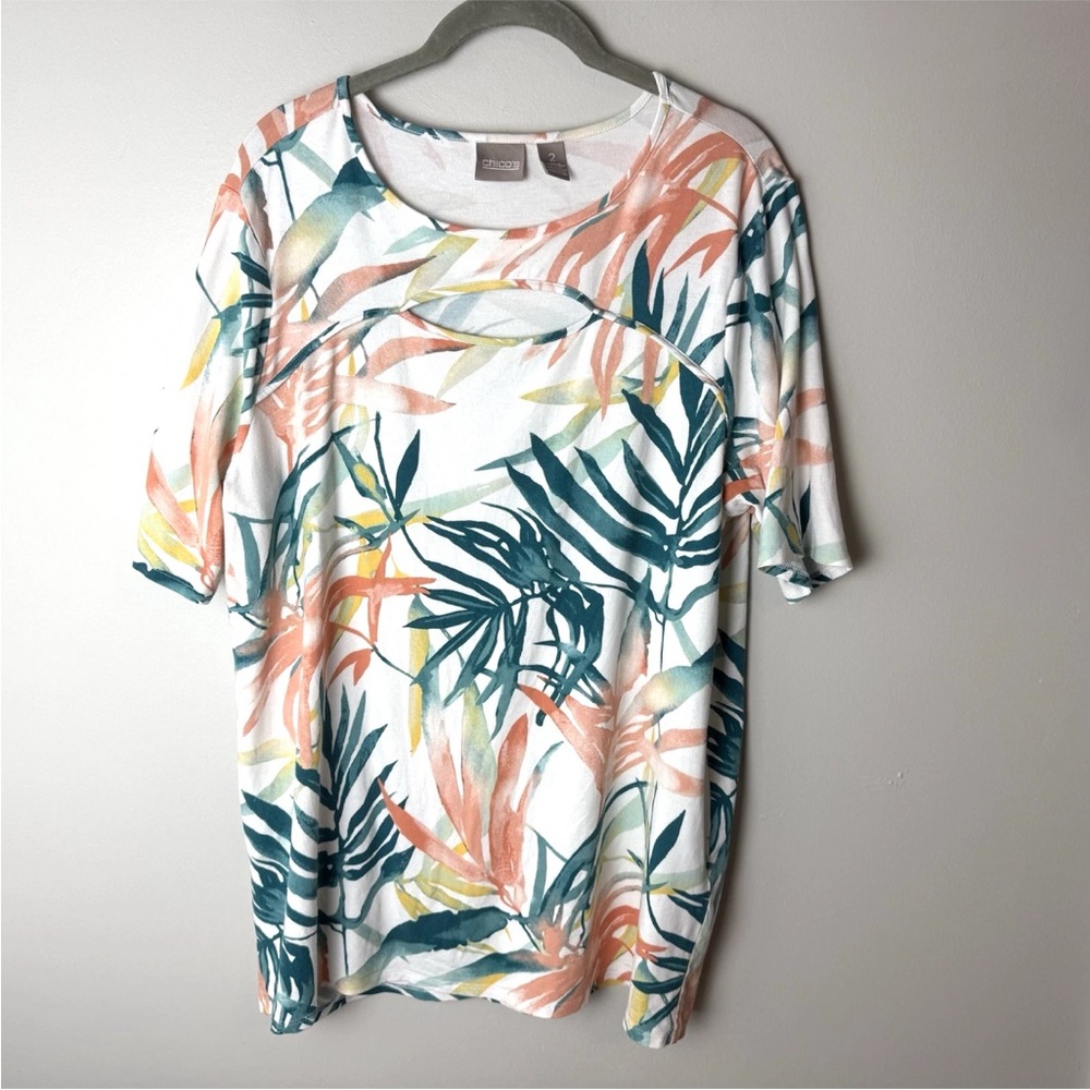 Chico's Blouse Size 2 (Large, 12) Top Short Sleeves Tropical Palms Teal Orange